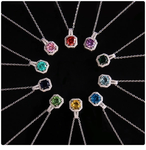 A circle of colorful square gemstone pendant necklaces with zircon halo on black background