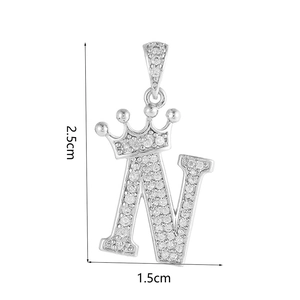 Detailed dimensions of silver crown letter N pendant showing 2.5cm height and 1.5cm width