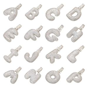 Iced out bubble letter pendants with silver plated finish and sparkling zircon stones