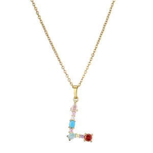 Gold letter L pendant necklace with multi-color zircon stones and fine cable chain