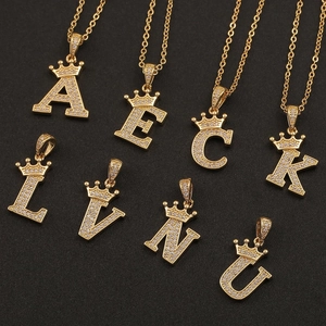 Hip hop style gold plated crown alphabet necklace set with sparkling zircon stones