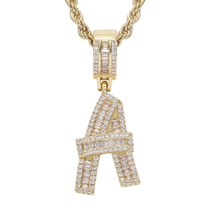 Hip Hop Initial Letter Pendant Necklace Baguette Zirconia Iced Out Copper Gold Silver Plated Rope Chain Fashion Jewelry