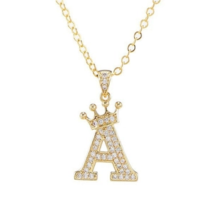 Gold crown letter A pendant necklace with sparkling cubic zirconia on white background