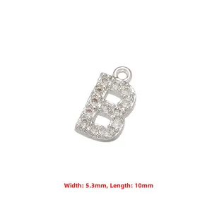 Detail view of silver cubic zirconia letter B pendant measuring 5.3mm by 10mm