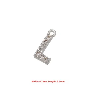 Detail of silver letter L pendant with zircon inlay and dimensions 4.7mm by 9.5mm