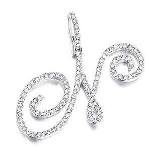 Silver cursive N initial pendant necklace with micro-pave white zircon inlay