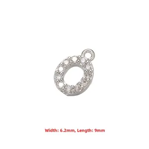 Detail view of a silver copper pendant letter O with clear cubic zirconia and dimensions