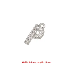 Close-up of silver-plated letter P pendant with micro-pave cubic zirconia, 4.5x10mm size