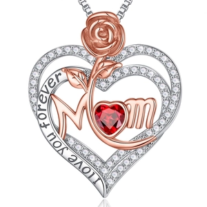 Elegante Mom hart ketting met roségouden roos en rode hart-zirkonia hanger