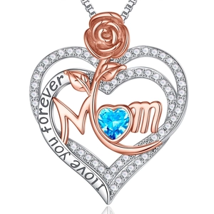 Elegante zilveren hartketting met roségouden bloem en blauwe steen voor mama