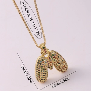 Colorful zircon paved letter M pendant necklace in gold finish with box chain link