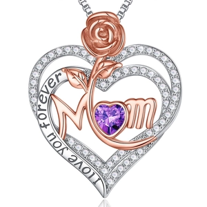 Elegante Mom hartvormige ketting met roségouden bloem en paarse steen op witte basis