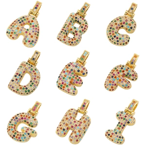 Colorful iced out bubble letter pendants A-I with micro paved multi-color zircon stones