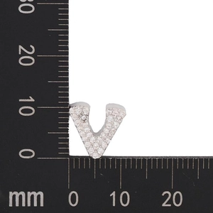 Detailed view of silver letter V pendant with cubic zirconia and 11mm height scale