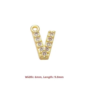 Detailed view of cubic zirconia V-letter pendant in gold finish with dimensions 6x9mm