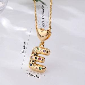 Gold letter E heart pendant necklace with colorful zircon stones and 45cm chain