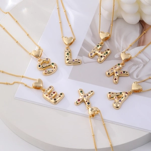 Gold plated copper heart bail necklace with colorful zircon micro-paved letters