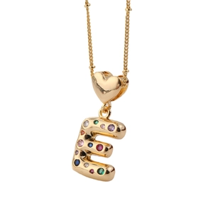 Golden heart necklace with letter E pendant and colorful cubic zirconia stones