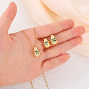Gold waterdrop jewelry set with green butterfly zircon necklace and stud earrings