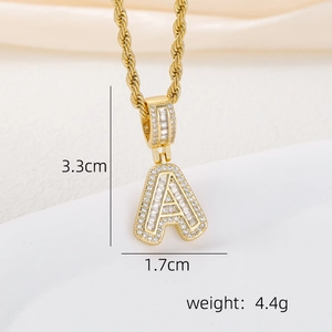 Detail showing dimensions 3.3x1.7cm of 18k gold plated letter A pendant with zircons