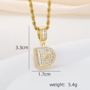 Detailed view of 18k gold plated letter D pendant necklace with cubic zirconia