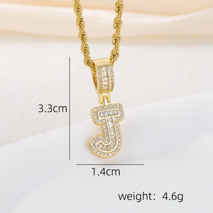 Macro shot of gold letter J pendant with zircon stones and rope chain dimensions