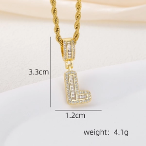 Detail of 18k gold plated letter L pendant with dimensions 3.3cm by 1.2cm and zircons