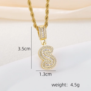 Detailed size view of the 18k gold plated S letter pendant with clear zircon stones