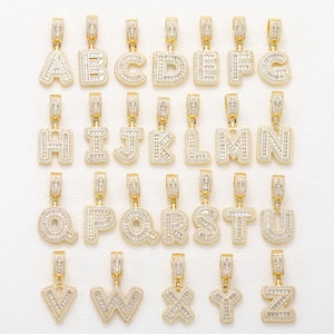 Iced out 18k gold plated copper 26 English letters pendant set with baguette cubic zirconia