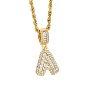 18k gold plated letter A pendant necklace with baguette zircon and rope chain for men