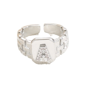 Verstellbarer Ring mit Buchstaben A, Zirkonia-Mikropflaster und Kettenband-Textur in Silber