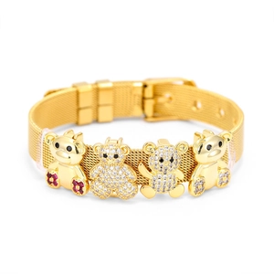 Goldenes 10mm Mesh-Armband aus Edelstahl mit niedlichen Bären-Anhängern und Zirkonia