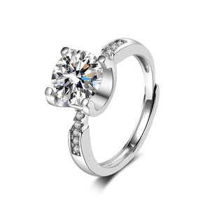 Silver copper ring with large round zircon stone and adjustable open band design