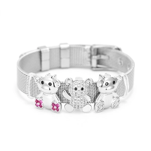 Silbernes Edelstahl-Mesh-Armband mit drei Bärchen-Anhängern und Gürtelschnallen-Verschluss