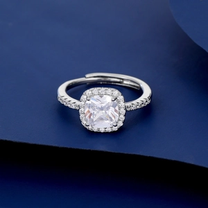 Elegant cushion-cut cubic zirconia halo ring with adjustable band and pavé setting