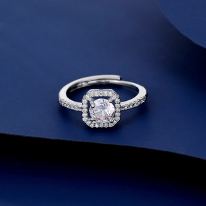 Top view of adjustable bull head ring with halo zircons and silver plating finish