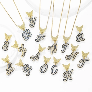Chic gold-plated butterfly and 26 alphabet pendants necklace set with sparkling zircon stones