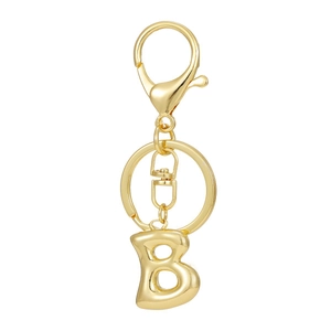 Detailed view of polished 18K gold letter B keychain with lobster clasp and puffy 3D design