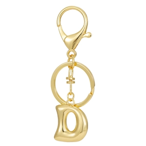 Detailed view of polished 18K gold plated letter D pendant keychain with lobster clasp