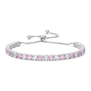 Bracelet rivière réglable en argent avec zircons ronds roses et blancs alternés