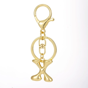 Polished 18K gold plated letter X keychain with lobster clasp and round key ring detail