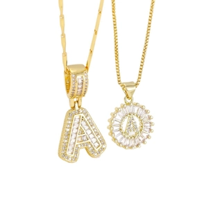Gold plated alphabet A pendants with sparkling cubic zirconia on elegant chains