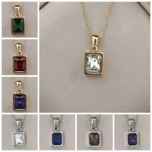 Luxury Stainless Steel Rectangular Rhinestone Pendant Necklace For Women 18K Gold Plated Inlaid Clavicle Chain Jewelry Gift