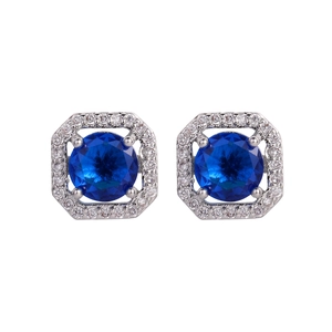 Elegante zilveren vierkante oorknopjes met donkerblauwe edelsteen en halo kristallen pavé