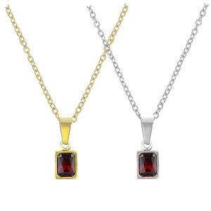 Luxury 18K gold and silver stainless steel necklaces with red zircon square pendant