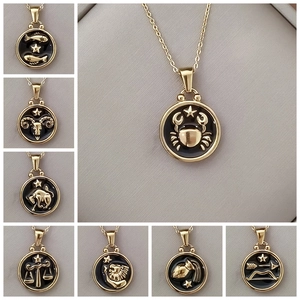 Retro Stainless Steel Twelve Zodiac Sign Round Coin Pendant Necklace For Women Enamel Embossed Clavicle Chain Jewelry