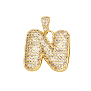 Pendentif lettre N en cuivre plaqué or 18 carats avec zircons cubiques brillants style hip-hop