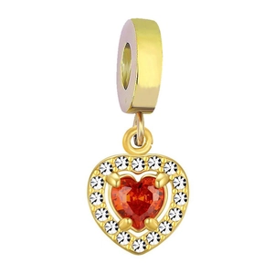 18K gold plated heart pendant with red crystal and white zircon stones on white background