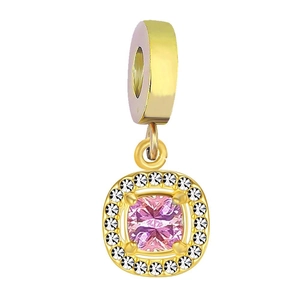 18K gold plated square pendant with pink center stone and white zircon accents