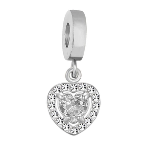 Polished stainless steel heart charm with micro-pave zirconia crystals for DIY necklaces
